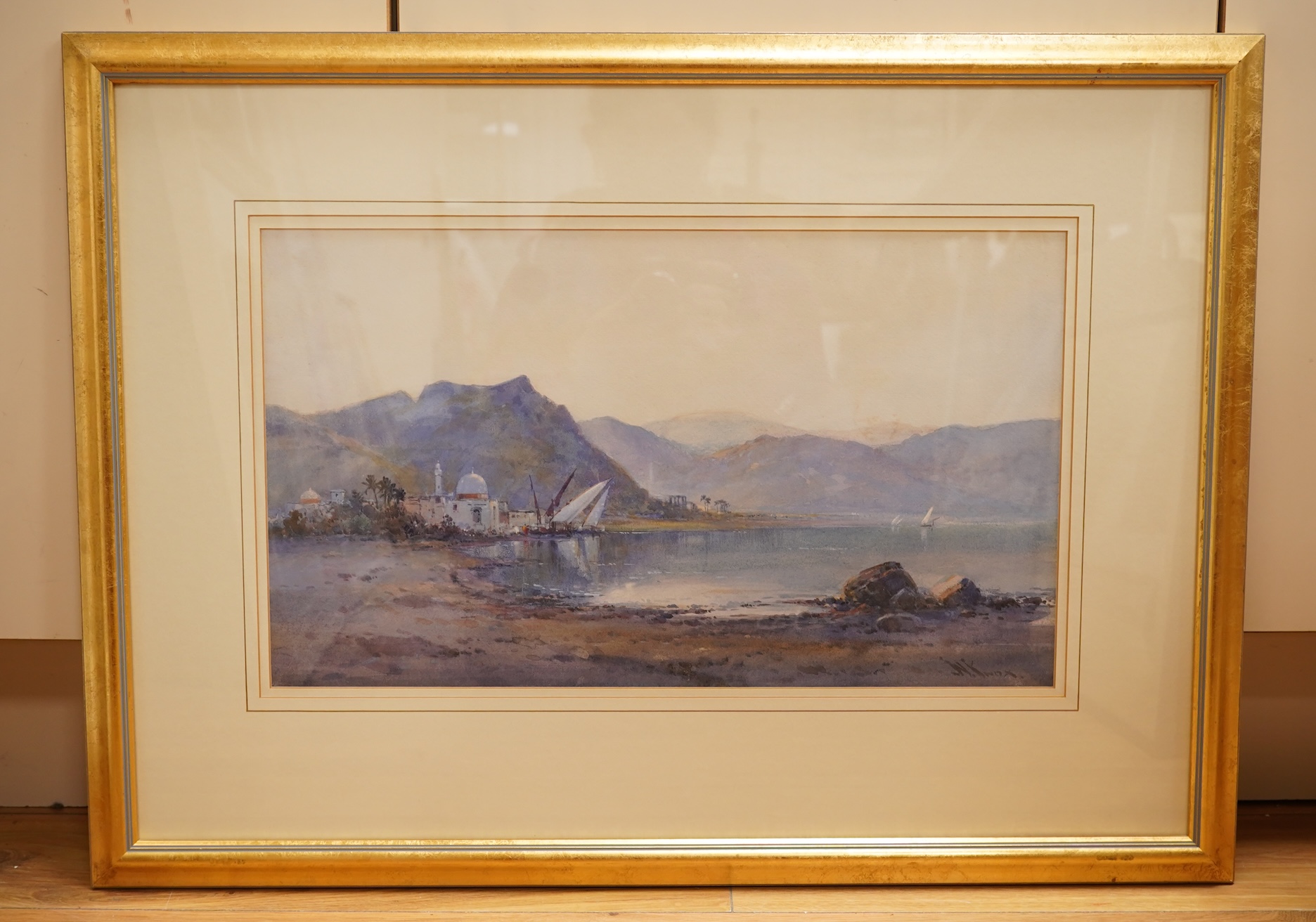 William Knox (1862-1925), Mosque on the coast, signed, watercolour, 28 x 48cm